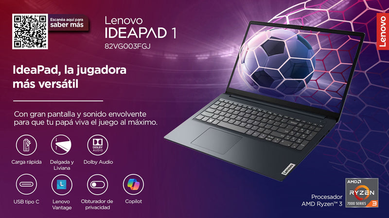 Lenovo IdeaPad 1 15AMN7 | AMD Ryzen 3 7320U | 8 GB de RAM | SSD de 512 GB | 15,6" | Windows 11