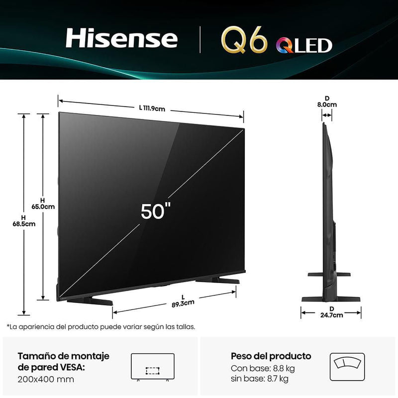 Televisor Hisense QLED 50Q6QV | 50" | 4K | VIDAA | HDMI | USB | Wi-Fi | Bluetooth